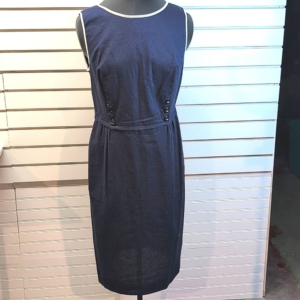 J. Peterman Navy Retro 1950's Inspired Sleeveless Sheath Dress NWOT Size 12